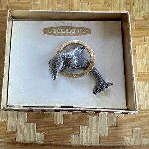 Vintage SIGNED LC LIZ CLAIBORNE Dolphin Gold & Silver Pin Brooch NIB